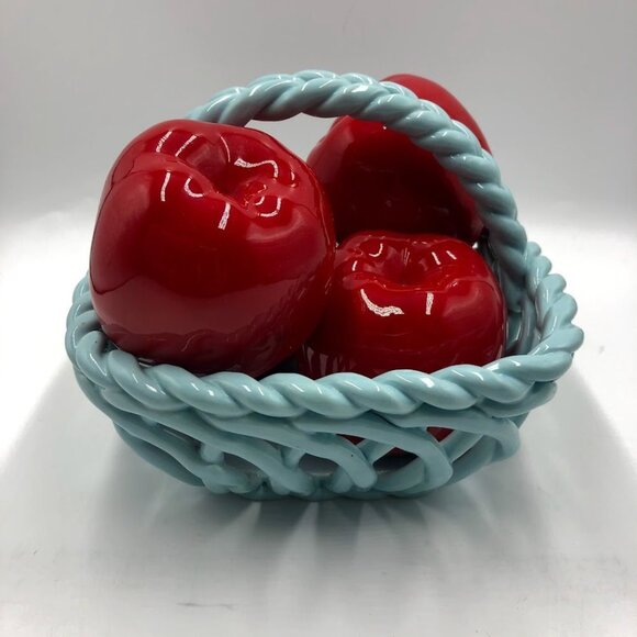 Grace's Pantry Light Blue Hand Woven Ceramic Basket With 4 Faux Apples - Picture 11 of 15